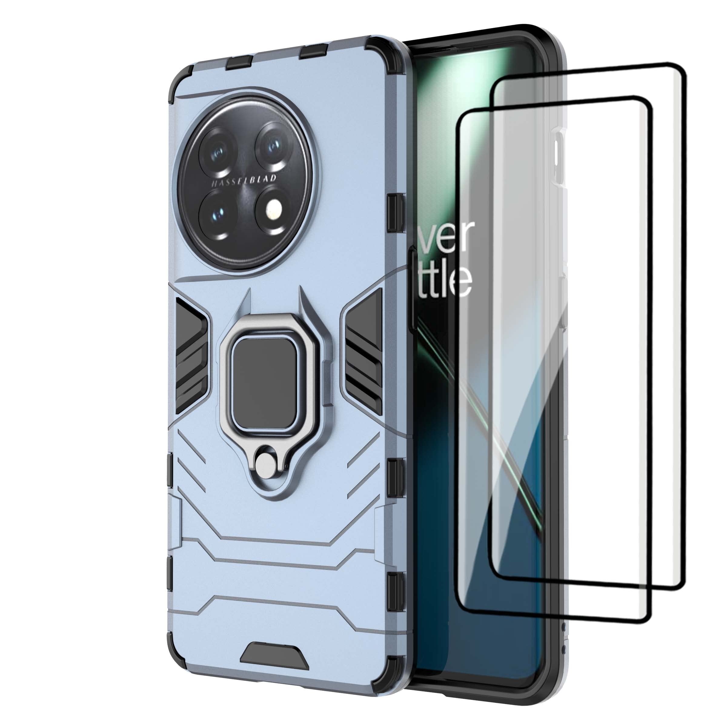 QINOUK Case for OnePlus 11, Anti-scratch Protective Case with Ring Stand, [2-Pack] Full Screen Tempered Film, Support Magnetic Car Mount, for OnePlus 11-Blue