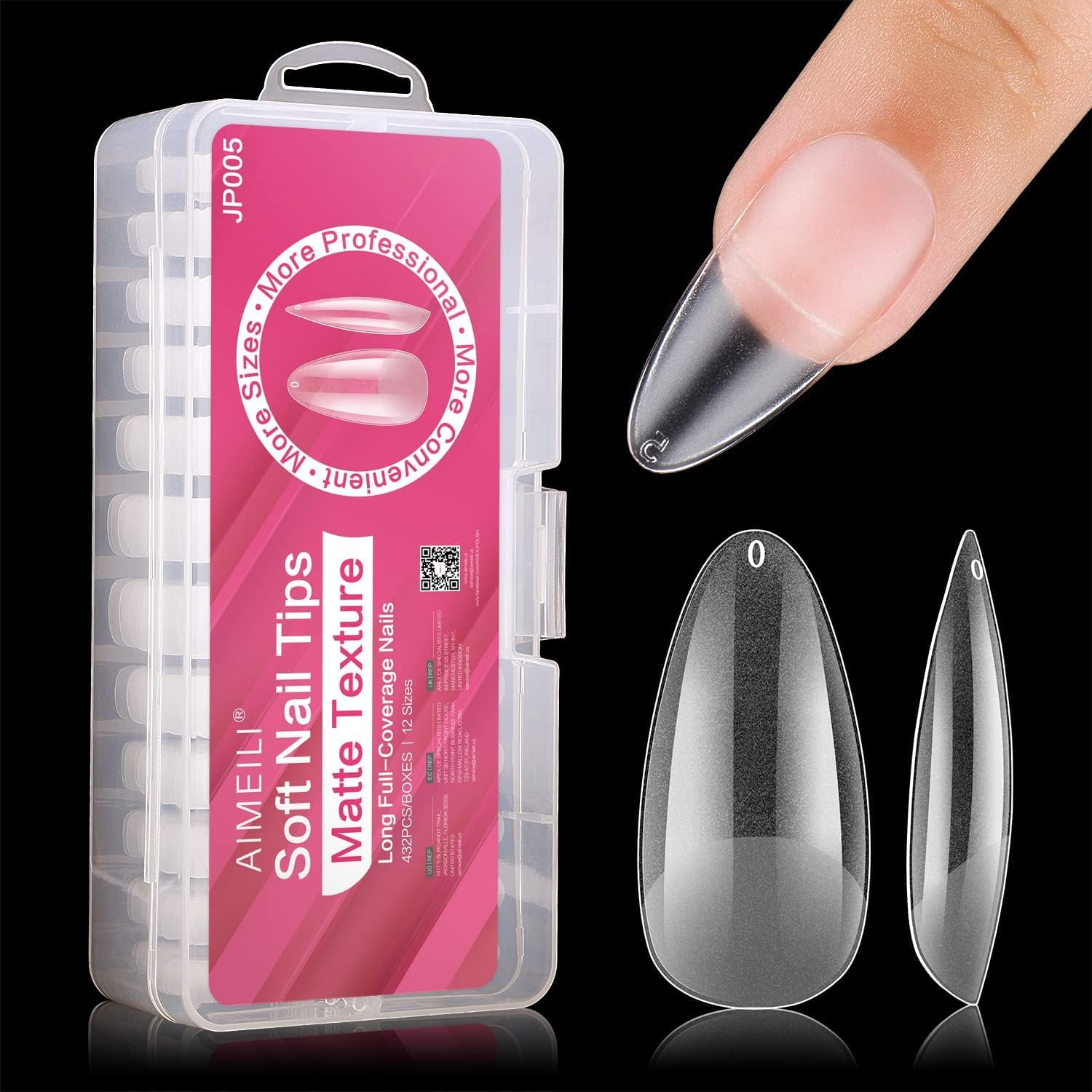 AIMEILI False Nail Tips, 432PCS Clear Matte Coffin Full Cover Nail Tips for Soak Off Nail Extension, Acrylic False Press on Nails with Box for Nail Art Salon and Home DIY, 10 Sizes 005 — image 1