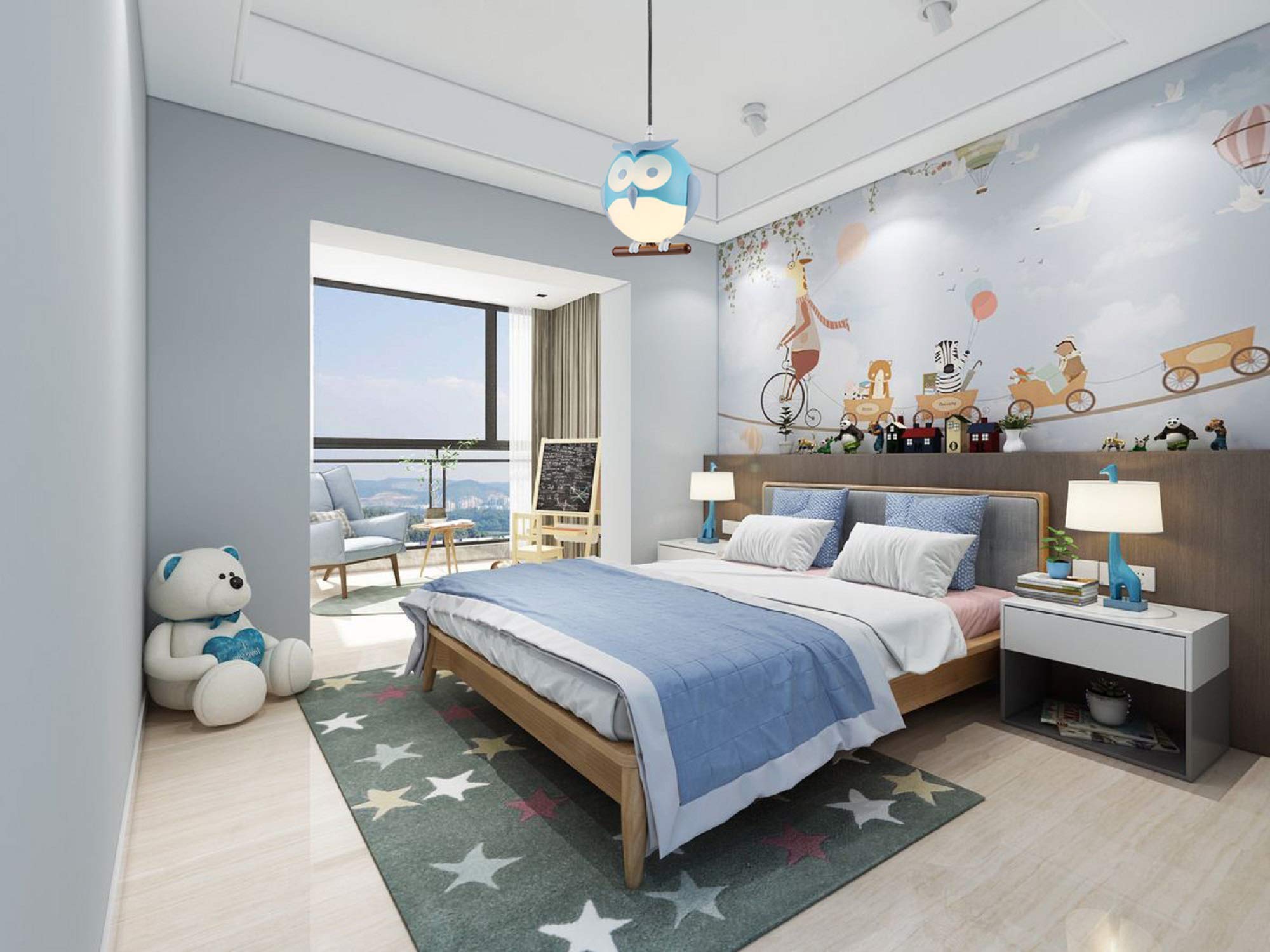 Am-Light Modern Ceiling Light with Pendant Owl Shade for Children's Bedroom Decoration, Blue