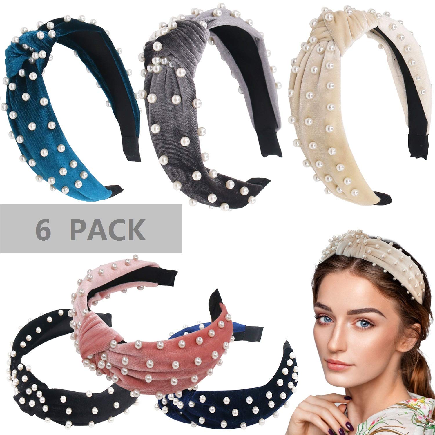 ForTomorrow 6 Pack Velvet Wide Pearl Headbands Twist Knot Turban Headband Vintage Retro Hairband with Faux Pearl Fashion Hair Hoops for Women and Girls (Black, White, Pink, Grey, Blue, Navy) : Beauty