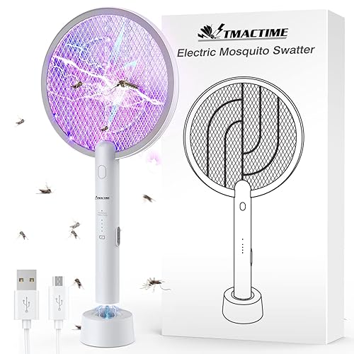 TMACTIME Electric Fly Swatter, 4000V Bug Killer with USB-C Charging Stand Base, 3 Layer Mesh Outdoor Indoor Electric Mosquito Swatter, Fly Zapper Racket Bug Cather, for Mosquitoes, Bees, Moths (White)