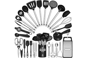 Kitchen Utensils Set-Umite Chef 34 Pcs Silicone Cooking Utensils Set for Nonstick Cookware-Silicone Spatulas Set, Stainless Steel Handle-Black Kitchen Gadgets Tools, Pots and Pans Accessories