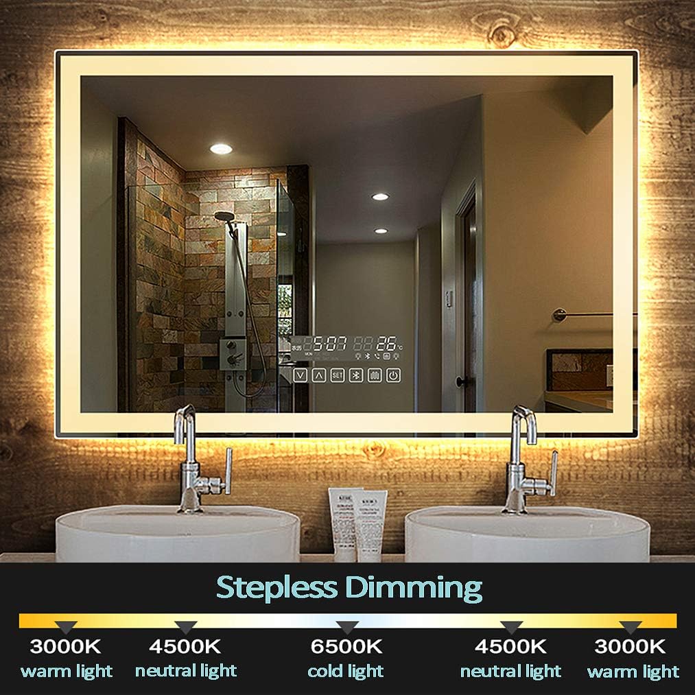 HORV Humanized Dimmable LED Bathroom Wall Mirror, Bluetooth + White Light/Warm Light/Daylight + Calendar + Time + Temperature + Call + Music Player