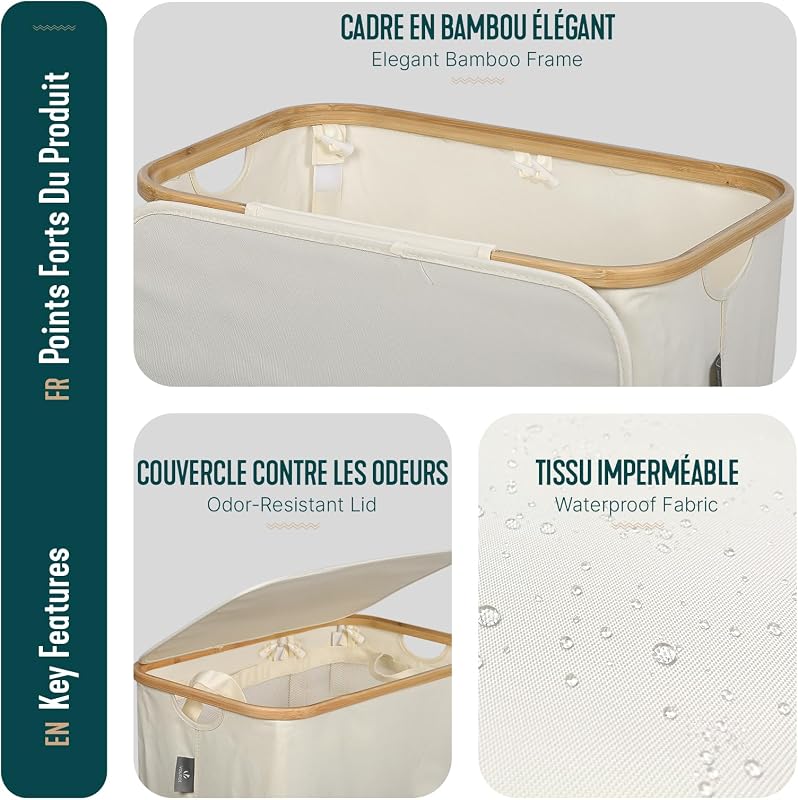 ® Cesto Ropa Sucia con Tapa 145L Cesta para la Colada Cubo Ropa Sucia Plegable con Ruedas Bolsas Interiores Extraíble Asas de Bambú Laundry Basket para Lavandería Dormitorio Cuatro de Baño Beige