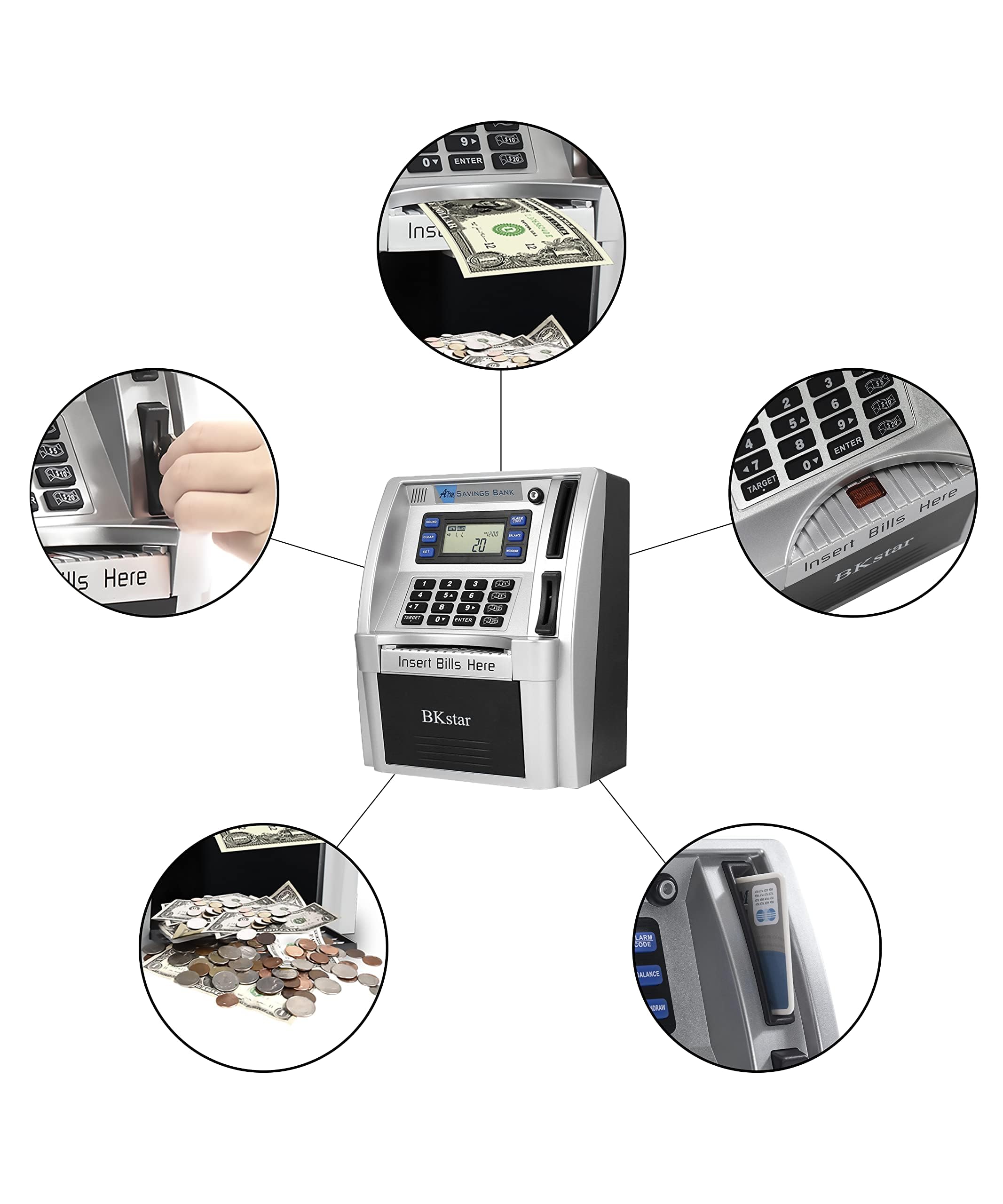Kids Talking ATM Piggy Bank with Debit Cards, Power-Off Memory, Auto-Opening Drawer for Real Money for Boys, Onekey Shutdown, Bill Feeder, Coin Recognition, Balance Calculator Machine