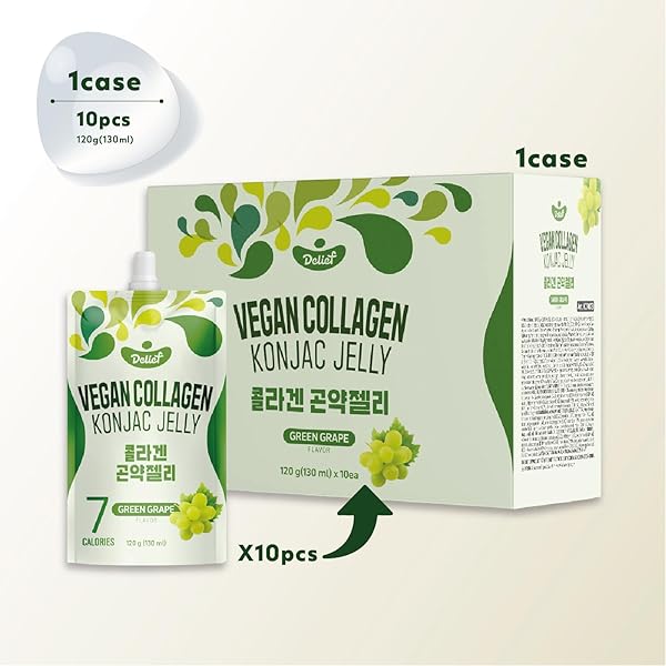 DELIEF VEGAN COLLAGEN KONJAC JELLY (GREEN GRAPE FLAVOR) 120G X 10 PACKS – LOW-CALORIE FRUIT GEL SNACK, GLUTEN-FREE, PLANT-BASED, 7 KCAL PER POUCH