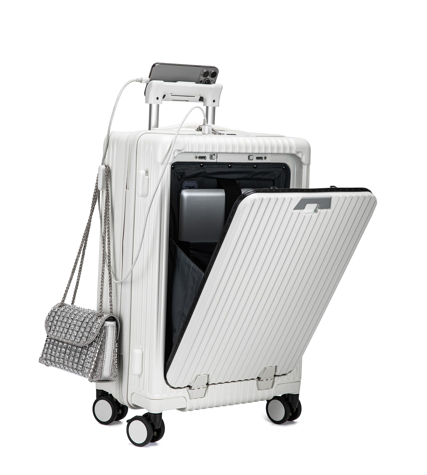 Photo 1 of feilario 20in Hardside Spinner Wheel Luggage with Zipper Closure, Built-In TSA lock Carry on Suitcase, with Cup Holder & USB Port & Phone Holder White(with zipper closure, 20in)