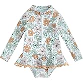 Yccutest Toddler Floral Bathing Suit Girls Long Sleeve Zipper Ruffle Tassel One Piece Swimsuit Kids Rash Guard Swimwear Beach