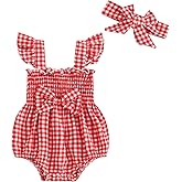 Infant Newborn Baby Girl Summer Outfit One Piece Smocked Romper Ruffle Sleeve Plaid Playsuit Headband 3 6 9 12 18M