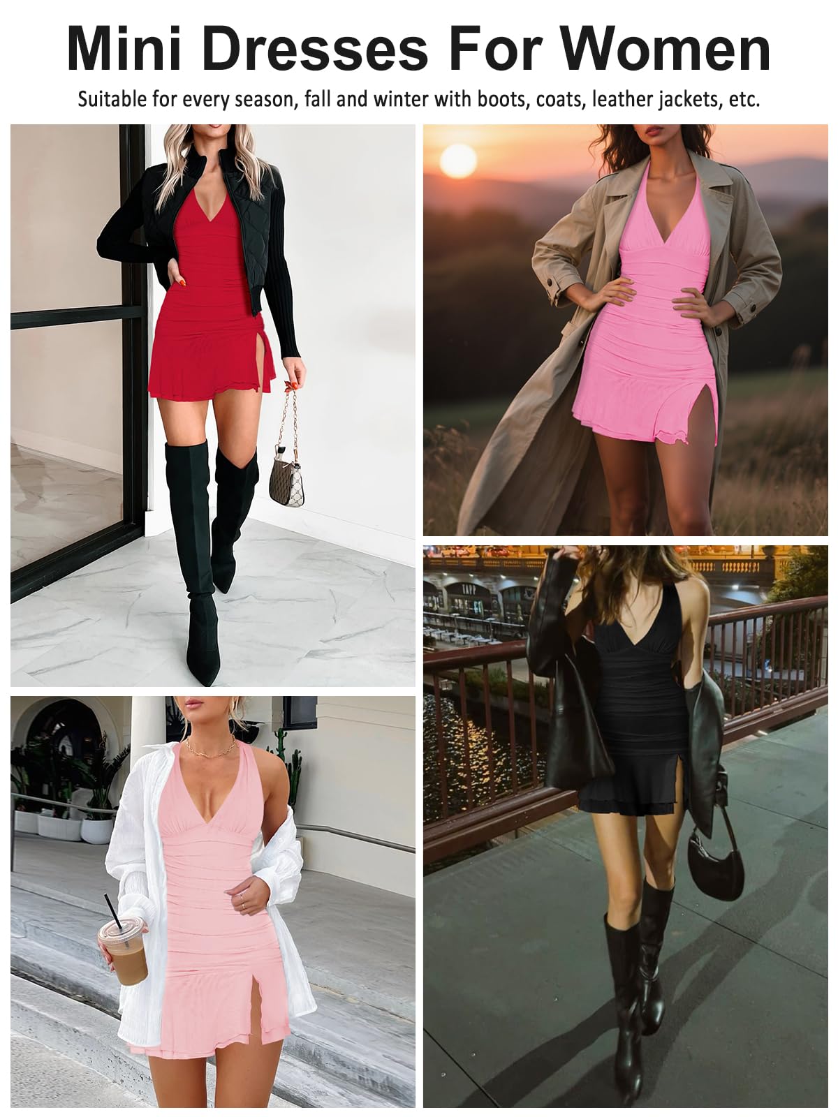 MIYIEONZ Women Sexy Halter Deep V Neck Ruched Bodycon Dress Summer Side Slit Mesh Hem Cocktail Club Party Short Mini Dresses