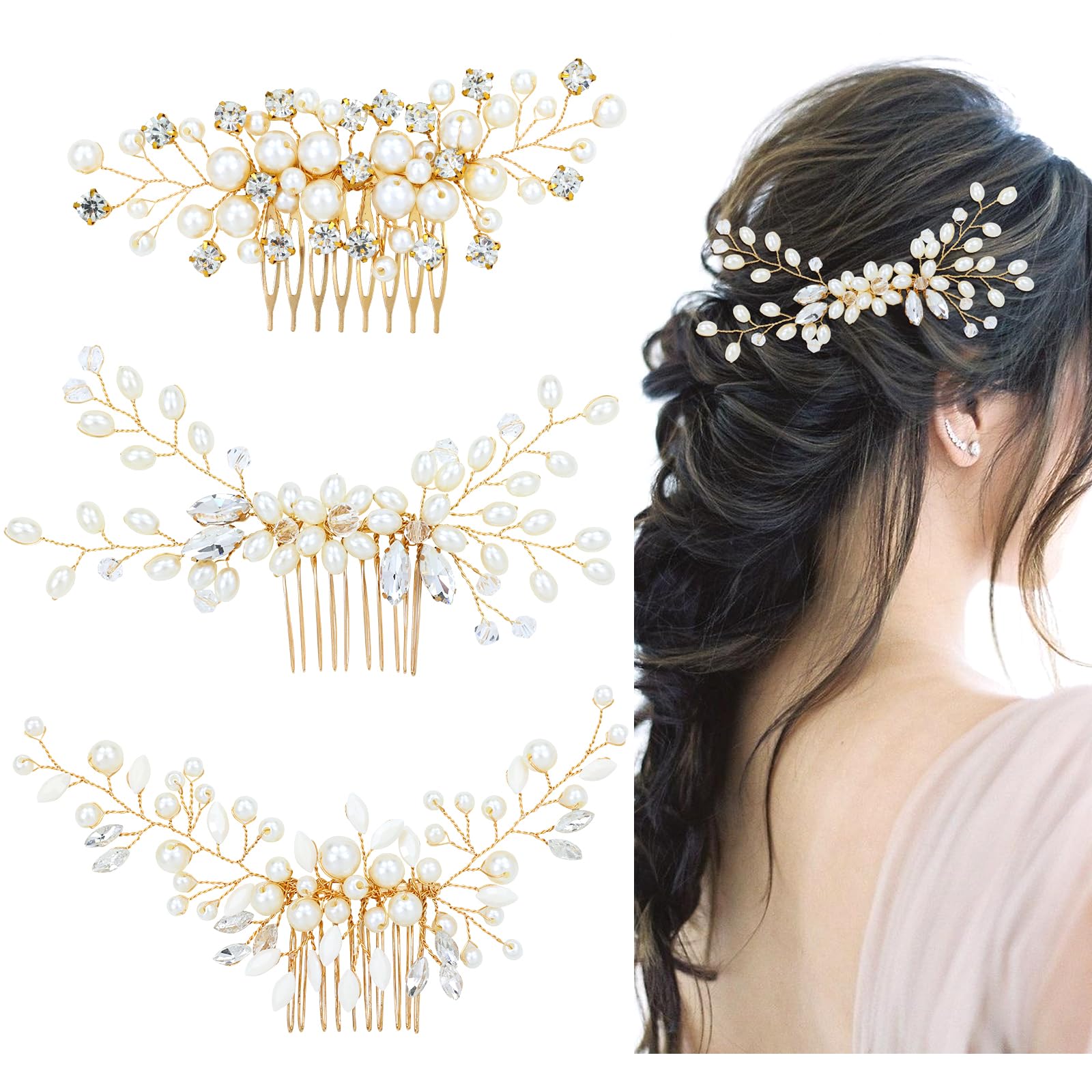 Dizila 3 Pieces Gold Metal Glitter Rhinestone Pearl Party Prom Wedding Bridal Hair Side Combs Slides Headpieces for Women Girls Brides Bridesmaids