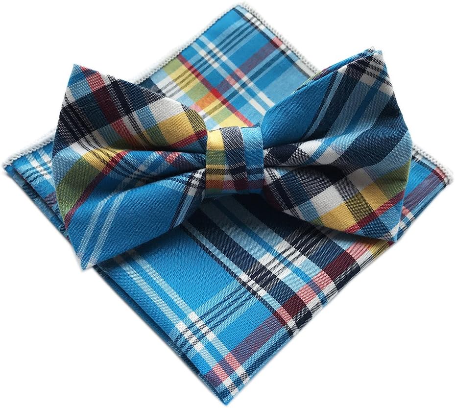 Men's Boys Pre-Tied Tartan Plaid Bow Tie Set Cotton Checks Tuxedo Bowties and Pocket Square Set