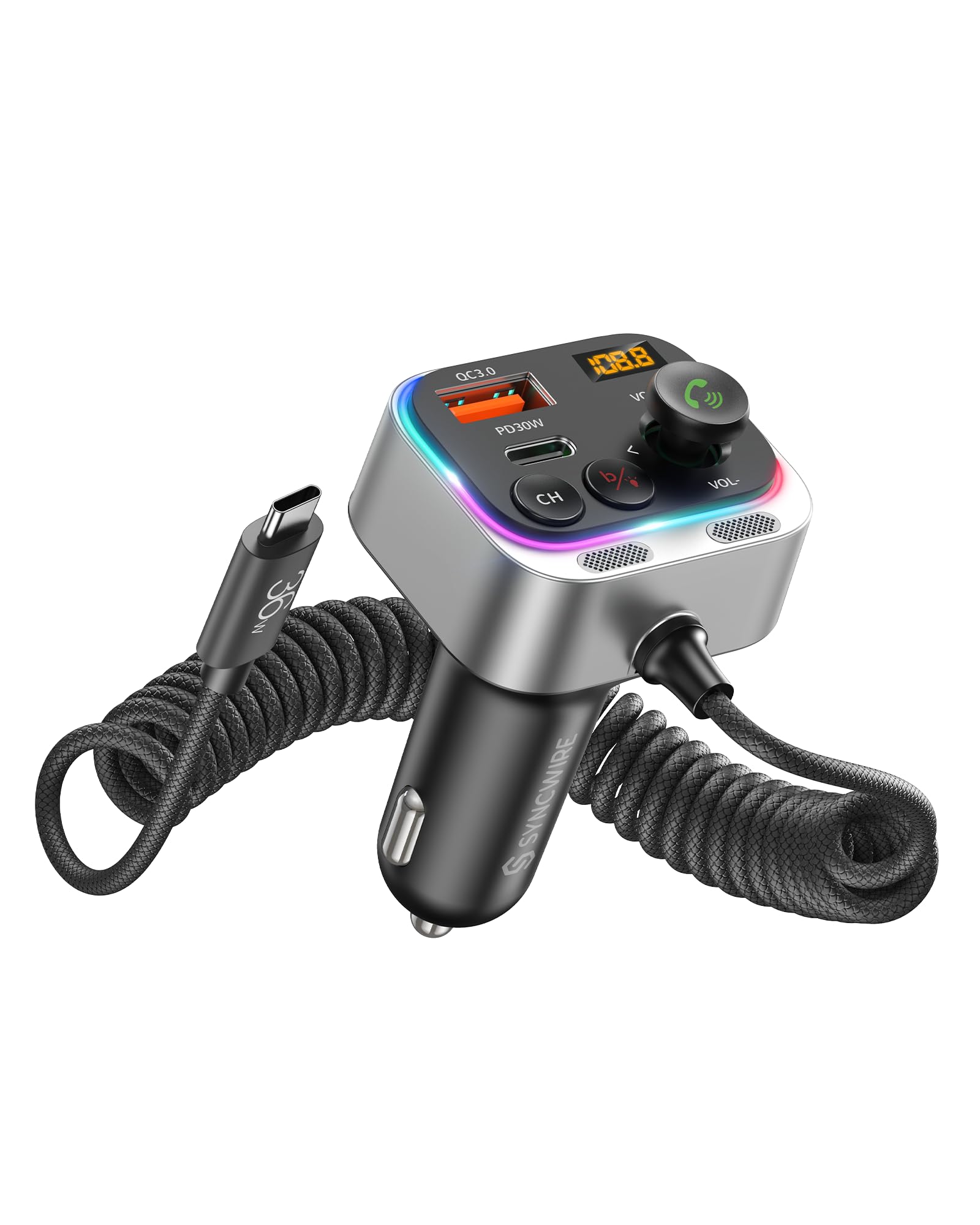 Photo 1 of Syncwire Bluetooth 5.4 FM Transmitter Car Adapter 66W PD & QC 3.0 Fast Charging with USB-C Cable Wireless Radio Adapter with Light Control, HiFi Bass, Hands-Free Calling and Strong Mics