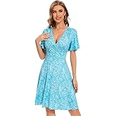 Summer Dresses for Women 2025 Vacation Cyan Casual V-Neck Floral Wrap Sundress Flutter Sleeve Knee Length Graduation Dress,X-Large
