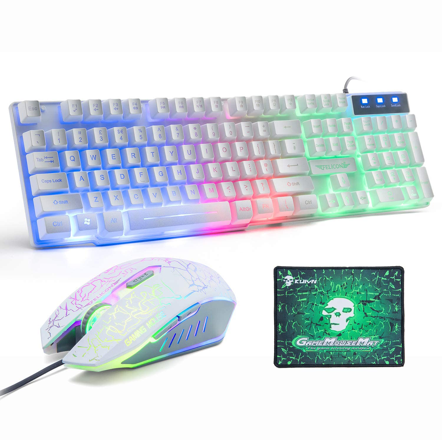 Gaming Keyboard And Mouse Sets UK Layout,Lexon tech Rainbow LED Backlit Wired Keyboard and Mouse Combo,Mechanical Feeling USB Gamer Keypad with 2400DPI 6 Buttons Optical Rainbow Gaming Mouse+Mousepad
