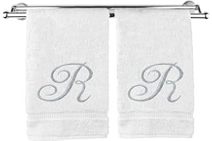 BC BARE COTTON Monogrammed Hand Towel, Personalized Gift, 16 x 30 Inches - Set of 2 - Silver Embroidered Towel - Extra Absorbent 100% Turkish Cotton- Soft Terry Finish - For Bathroom, Kitchen and Spa- Script R White