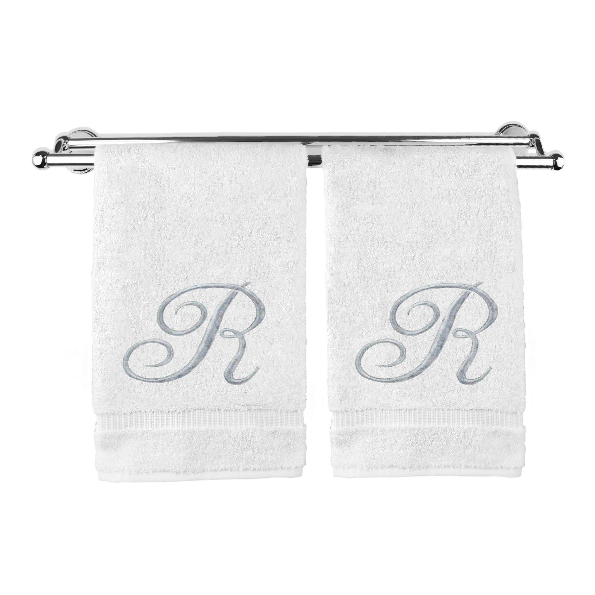 Monogrammed Hand Towel, Personalized Gift, 16 x 30 Inches - Set of 2 - Silver Embroidered Towel - Extra Absorbent 100% Turkish Cotton- Soft Terry Finish - For Bathroom, Kitchen and Spa- Script R White