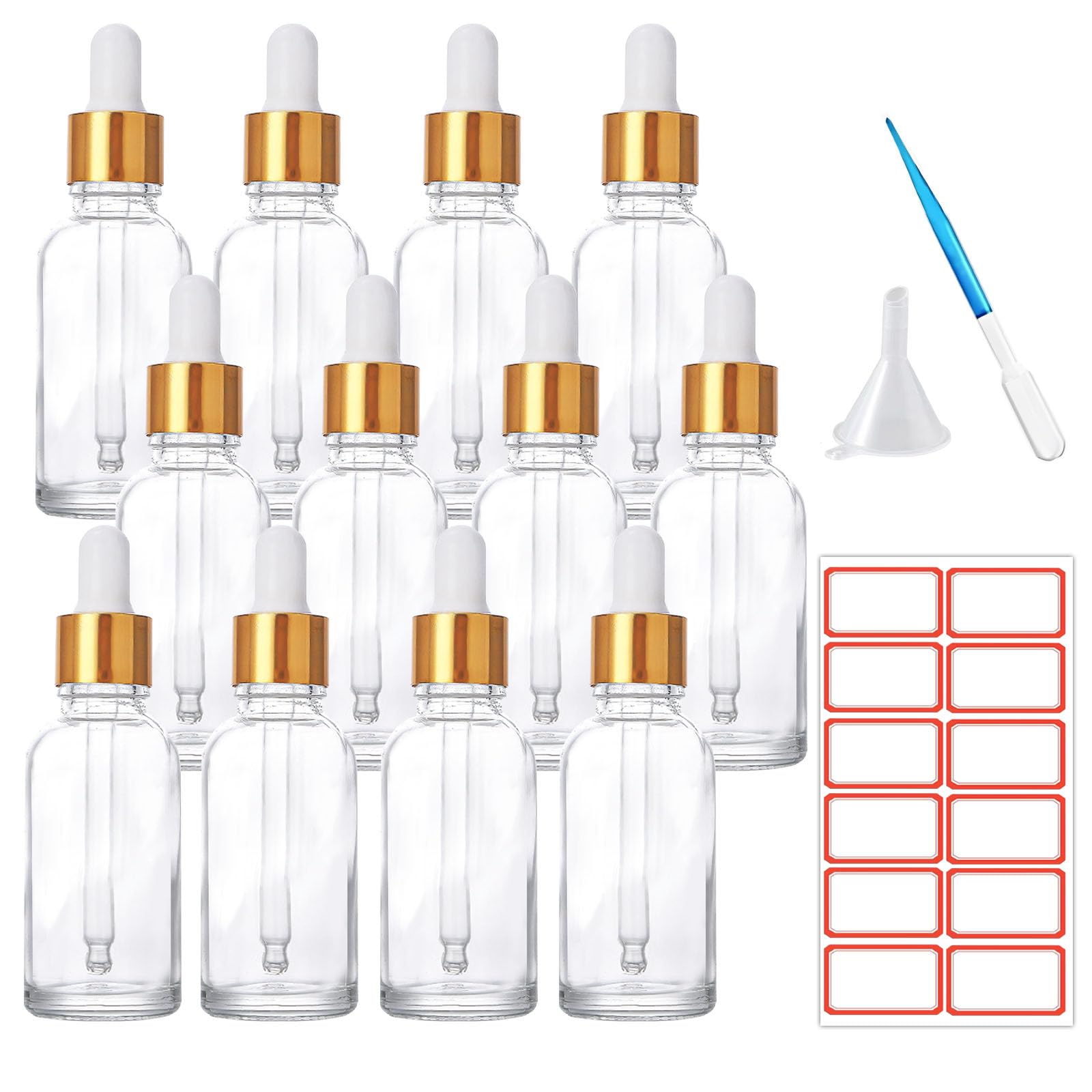 ToKinCen 12 x 30ml Dropper Bottle Transparent Glass Droppers with Glass Pipette, Essential Samples, Refillable with Funnel and Labels