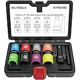 BILITOOLS Lug Nut Socket Set, 1/2 inch Drive Non-Marring Impact Flip Socket Set Metric 17-19 - 21-22 mm & SAE 3/4-13/16-7/8-15/16 inch, Thin Wall Wheel Protector Nut Socket