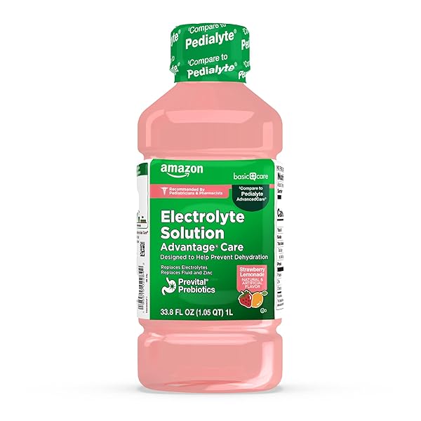 AMAZON BASIC CARE ADVANTAGE CARE ELECTROLYTE SOLUTION WITH PREVITAL PREBIOTICS, STRAWBERRY LEMONADE, HYDRATION DRINK, REPLENISH ELECTROLYTES, FLUID & ZINC, 33.8 FL OZ (PACK OF 1)
