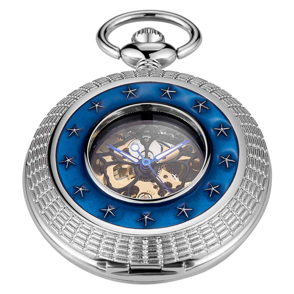 Tiong Single Open Mechanical Pocket Watch, Star Circle Blue Printed Skeleton Self-Winding Pocket Watch, Engraved Flower Design with Box for Men and Women