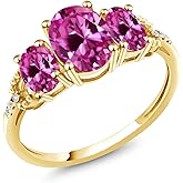Gem Stone King 2.69 Cttw Oval Pink Created Sapphire and Diamond Accent 10K Yellow Gold Engagement Ring for Women | Gemstone Birthstone | Oval 8X6MM and 6X4MM