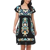 Womens Mexican Embroidered Dress Floral Short Sleeve Boho Mini Dress | Square Neck, Loose Shift Fit, Summer Beach Outfit, Fiesta Party Wear, Casual Sundress for Vacation