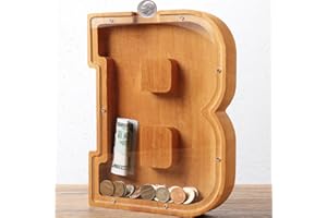 HODNSZRIT Wooden Letter Piggy Bank for Kids Boys Girls Large 26 Alphabet Money Bank Personalized Custom Name Transparent Saving Coin Bank, Perfect Christmas,Birthday Gift for kids Adults and Home Decoration (B)
