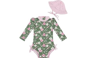 ALVABABY Girl Swimsuit with Hat Girls One Piece Rash Guard Swimwear Long Sleeve Ruffle Swimsuit UPF 50+ Sun Protection