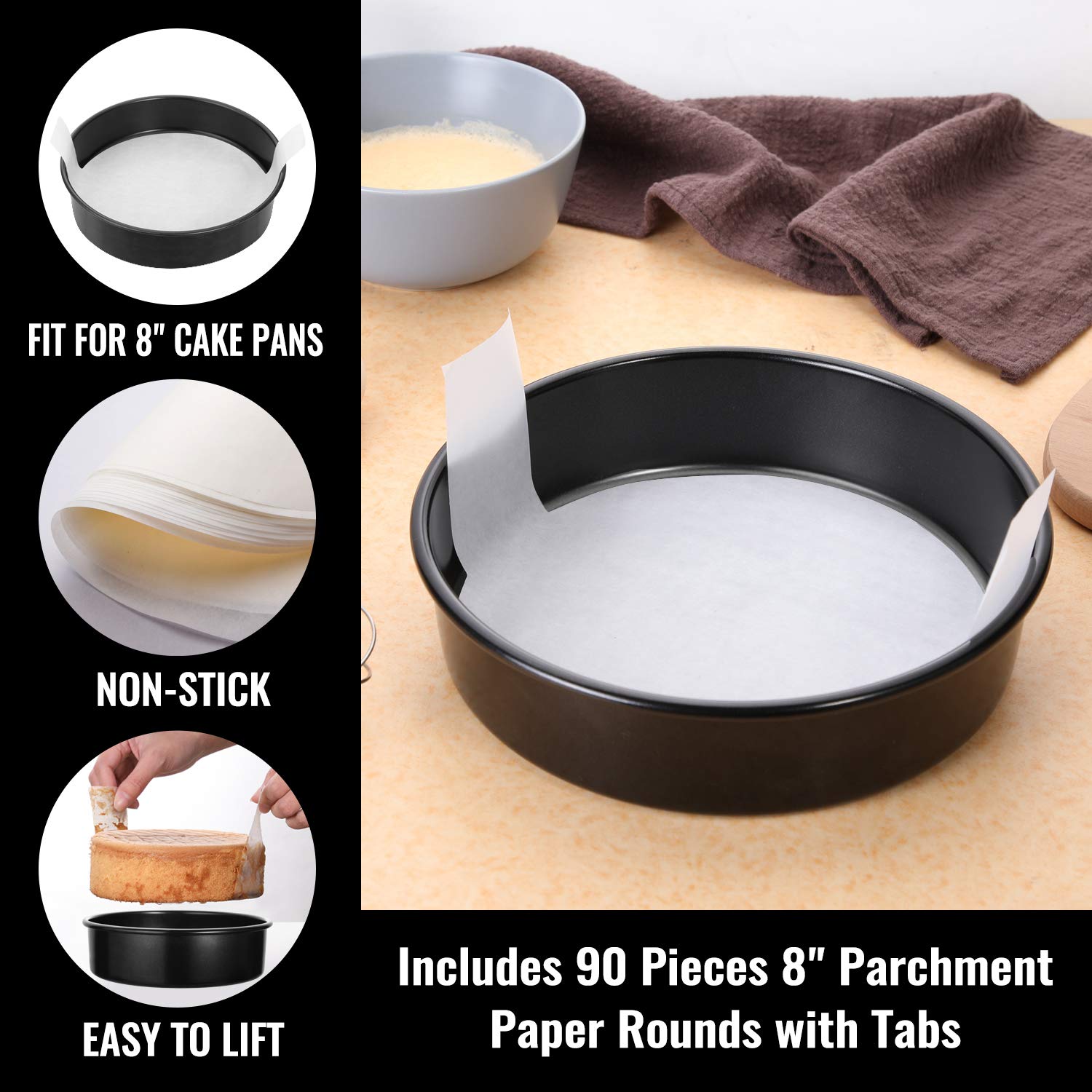 HIWARE 8Inch Round Cake Pan Set with 60 Pieces Parchment Paper Rounds