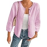 Cicy Bell Womens 3/4 Puff Sleeve Cardigan Sweater Fall Trendy Casual Button Up Loose Fit Cropped Knit Sweaters Pink