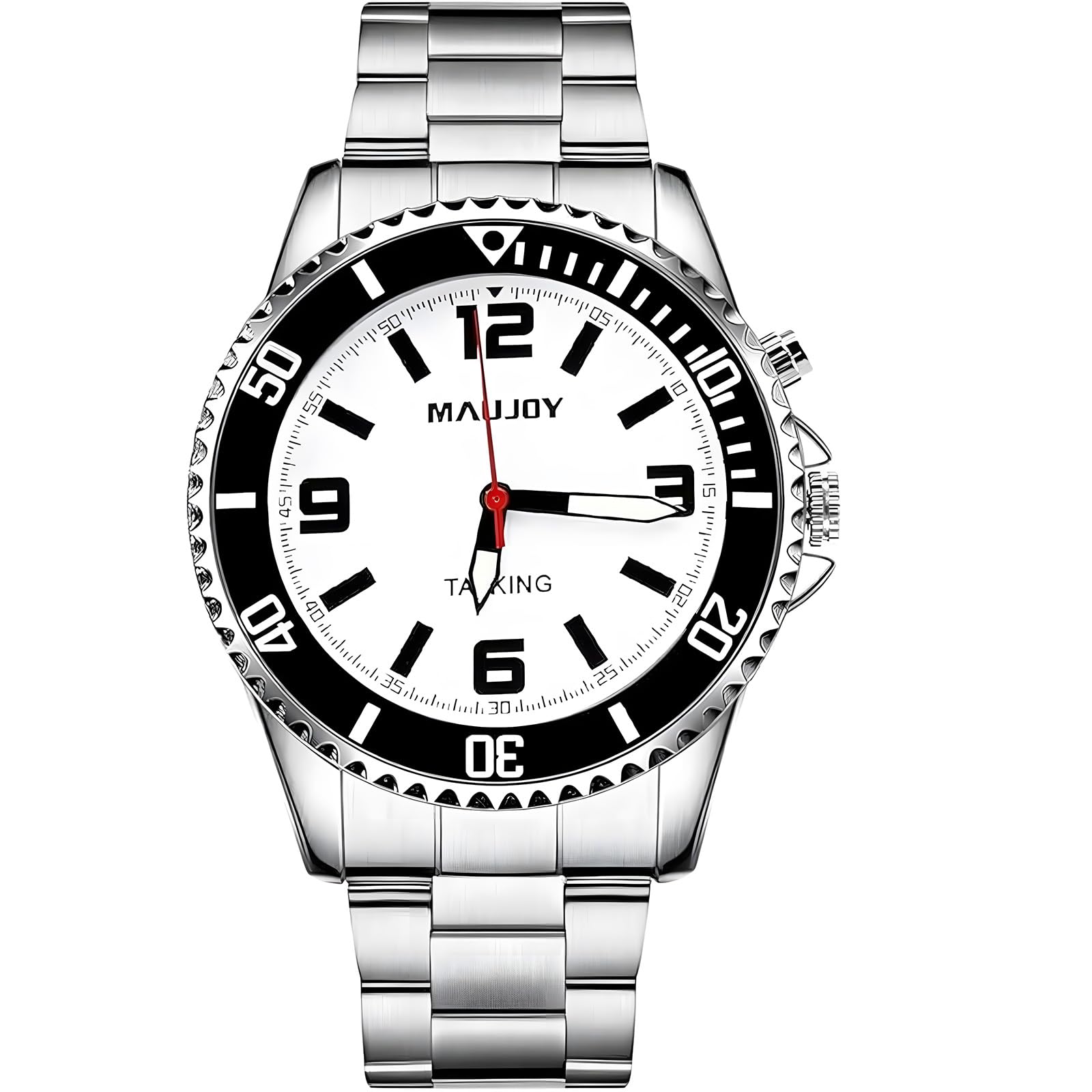 MAUJOY Men's English Talking Watch(Silver Stainless Steel Band) Clear & Loud Voice, Announces Time, Date & Alarm - Ideal for Elderly, Impaired Sight & Blind Users