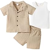 ADXSUN Kid Toddler Boy Clothes Short Sleeve Button-Down Shirt+Shorts+White Vest Summer Clothing Set 2-12 Years