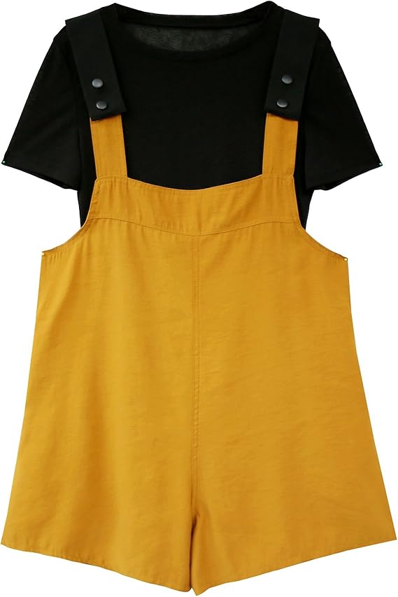 Amazon おしゃれなカーキ色のサロペット型ショートパンツ 薄手の黒tシャツ Set レディース 2サイズ M レディース 通販