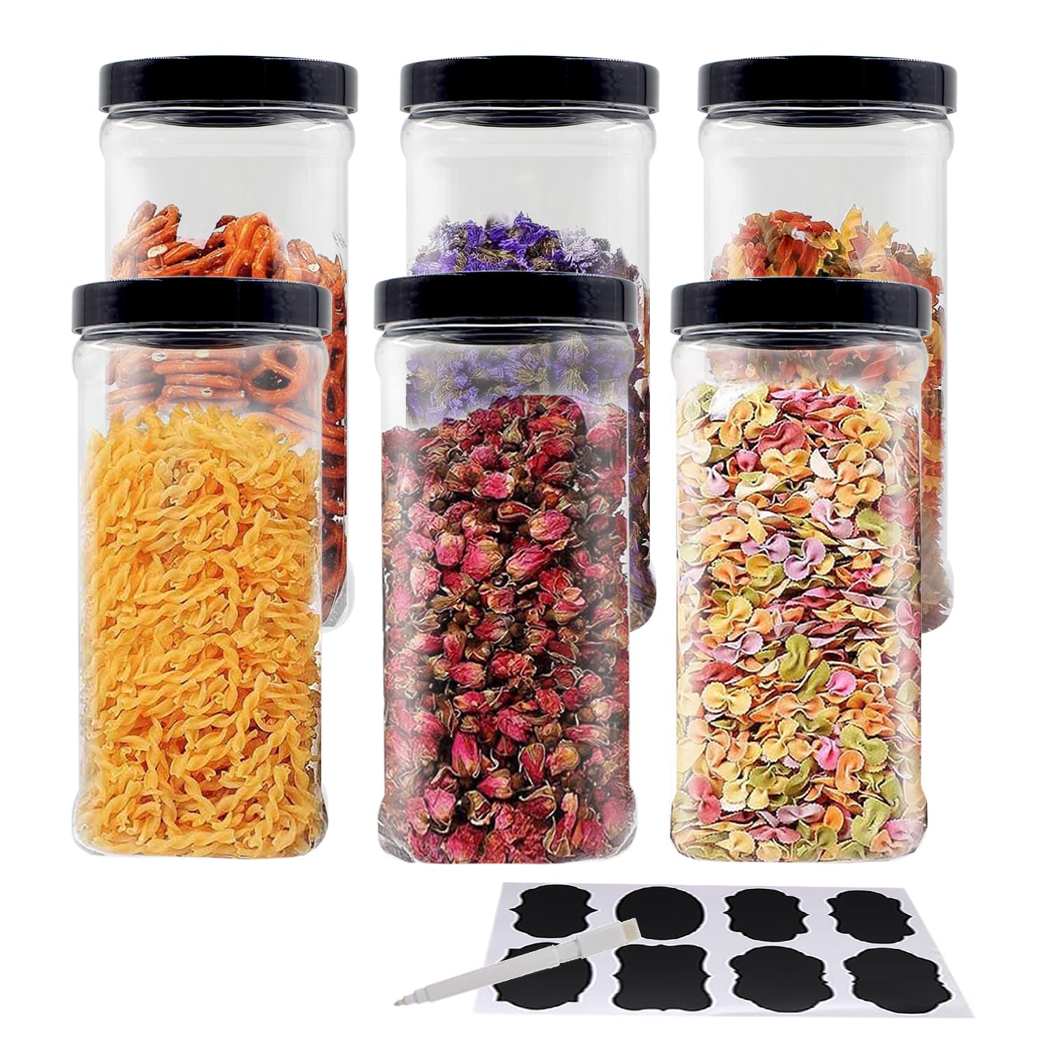 YBCPACK 6 Pack 40oz (1100ml) Large Clear Plastic Storage Jars with Lids & Labels, A Pen - Wide Opening, BPA Free PET Container-Pantry, Home/Kitchen Storage For Dry Goods, Spice