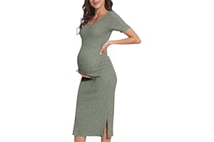 LAHILO V Neck Side Ruch Knit Ribbed Maternity Bodycon Dress，Maternity Dress for Baby Shower
