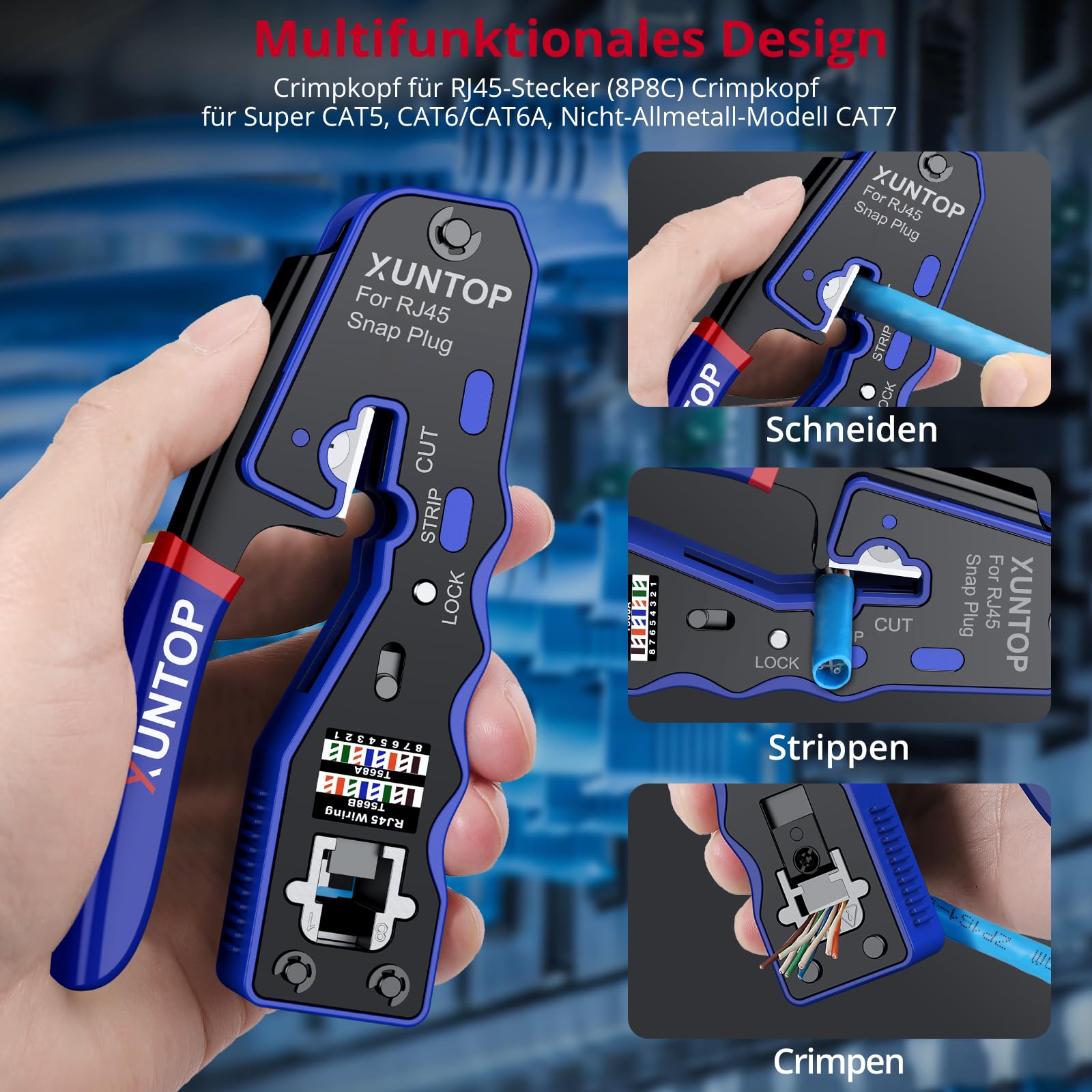 XUNTOP Netzwerkkabelzange Crimpzange RJ45 Netzwerkschlüssel Netzwerk Werkzeug für RJ45, CAT5, CAT6/CAT6A, Nicht-Allmetall CAT7 mit 20 x RJ45 Cat6 gelochte vergoldete Kristallköpfe 3