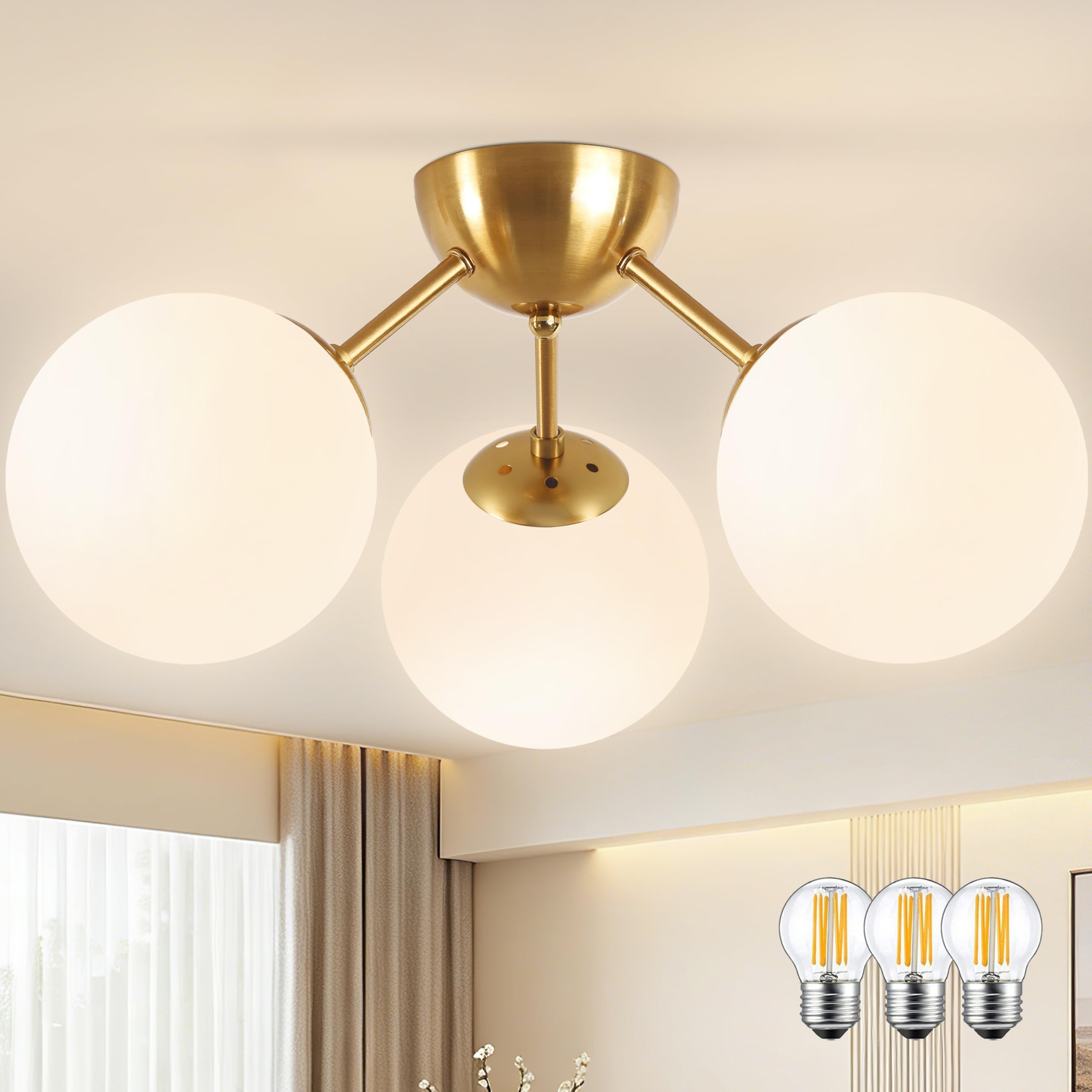 Photo 1 of Bagood Mid-Century Modern Semi Flush Mount Ceiling Light 3 Lights Opal Glass Modern Globe Ceiling Light Gold Brass Sputnik Chandeliers for Hallway Entryway Kitchen Bedroom Laundry(Bulb Incl.)
