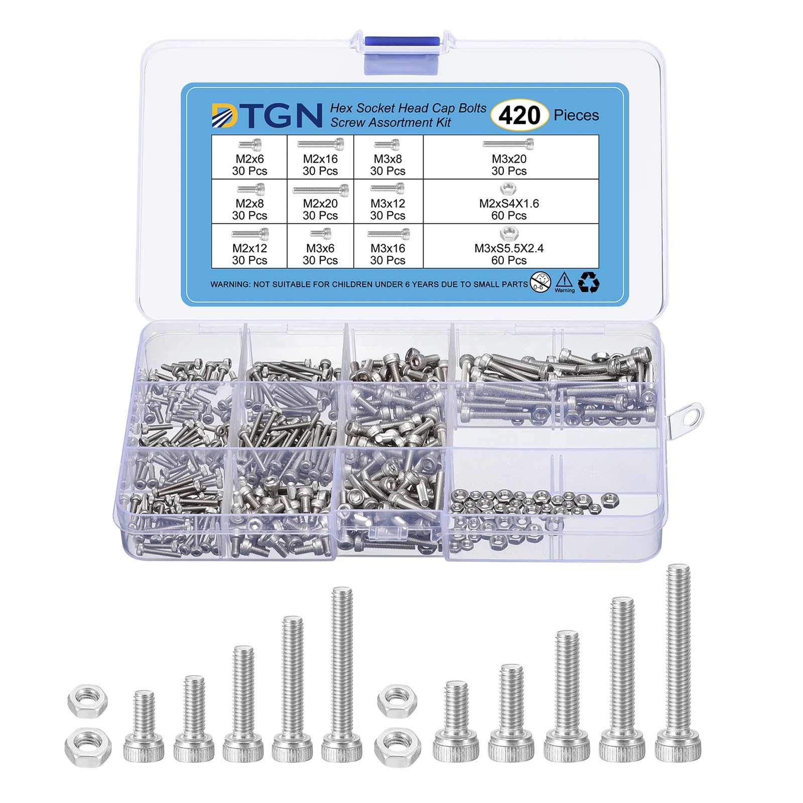DTGN 420Pcs Metric Screw Assortment, M2 M3 Bolts and Nuts Kit, 304 Stainless Steel M2/M3x6/8/12/16/20mm Hex Socket Head Cap Screws Bolt Set for 3D Printing DIY
