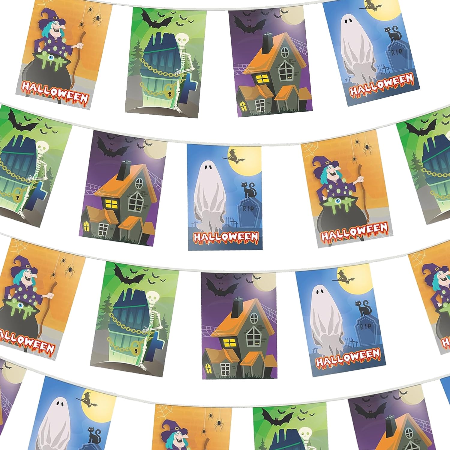 Halloween Bunting Decoration - 10m 33ft - 20 Flag - Plastic all Weather - Halloween Banner - Trick or Treat Fancy Dress - Hang on Windows, Doors - Indoor Outdoor Use