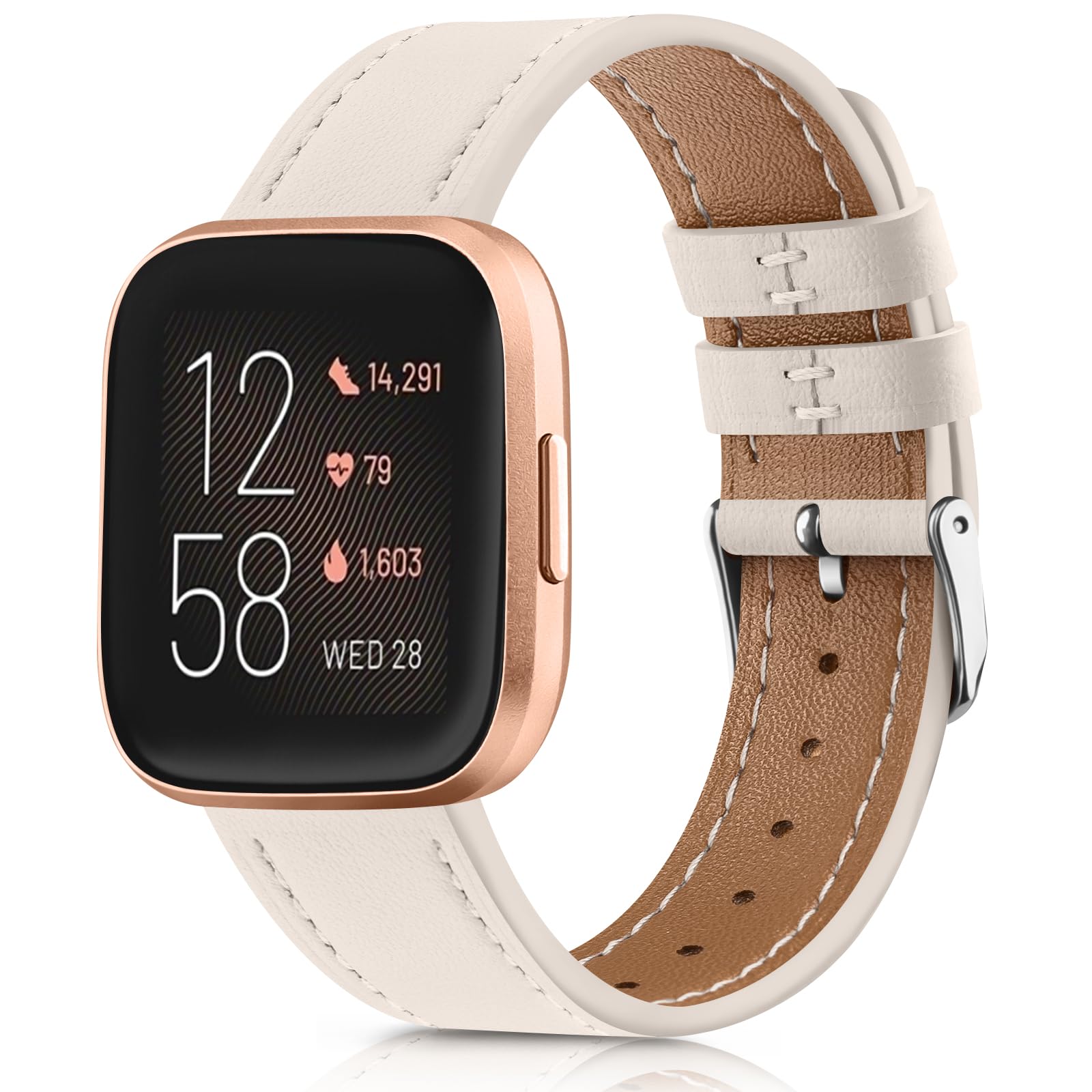 Mugust Leather Strap Compatible with Fitbit Versa & Versa 2, Classic Replacement Strap for Women & Men (Starlight)