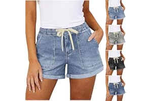 Women's Y2K Denim Shorts with Roll Up Hem Elastic Waist Drawstring Jeans with Pockets Summer Loose Fit Fashion Shorts