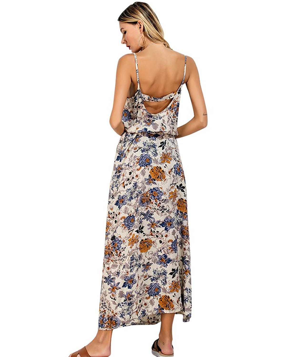 CHIC DIARY Women\'s Spaghetti Strap Bohemian Floral Print Maxi Dress Sundress (M, 1 Print on Apricot Background)