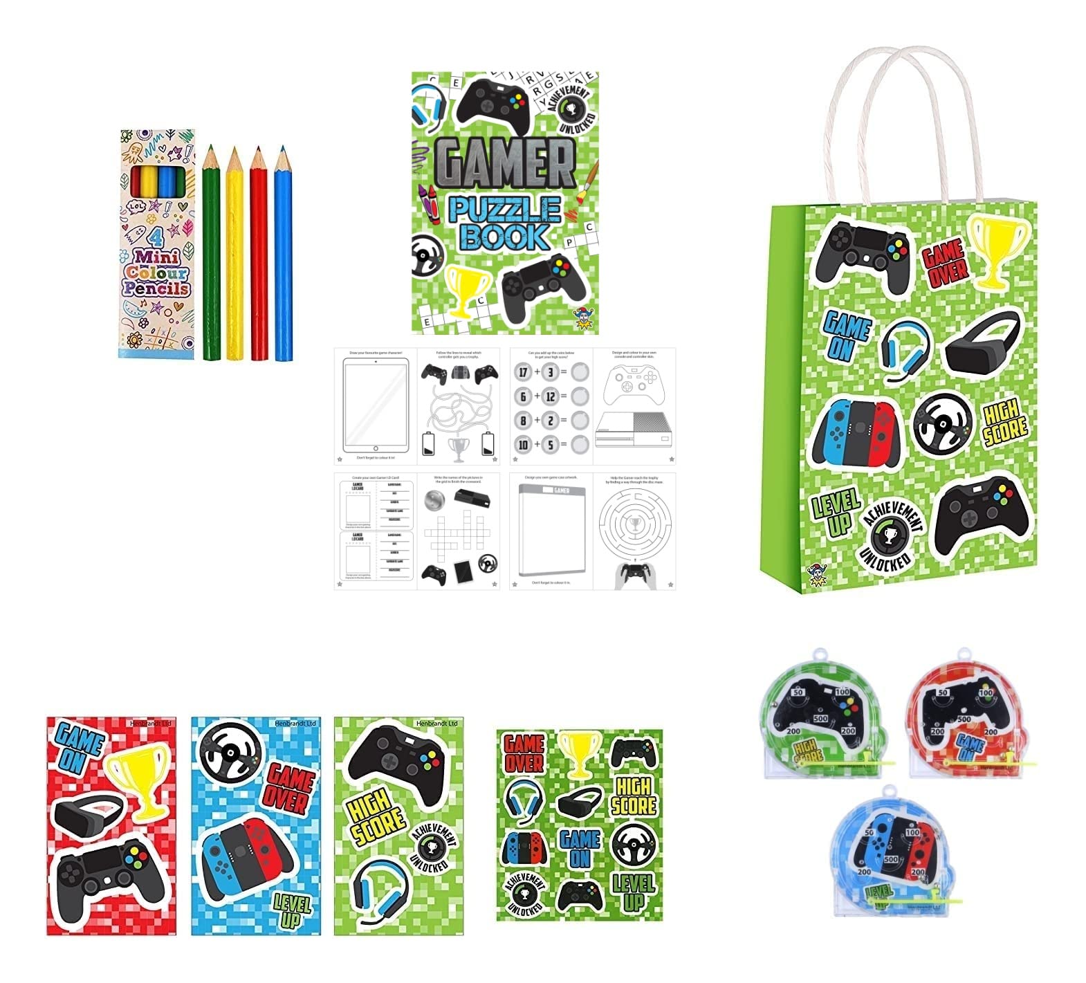 Anila's Complete Gamer Themed 10 Party Bag Fillers & Favours – Mini Colouring Pencils, Colouring Puzzle Books, Notebooks, Stickers, Pinball Mazes & Party Bags. (Ideal for Children Aged 3-8)