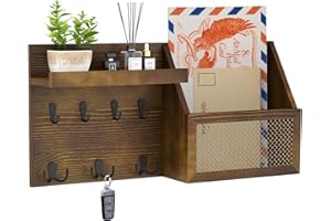 Luban Nese Key Holder for Wall with Wooden Picture Frame, 16 X 8 Farmhouse Mail Organizer Wall Mount with Hooks and Shelf, Rustic Wood Key Hanger Key Rack for Entryway and Home Decor, Brown