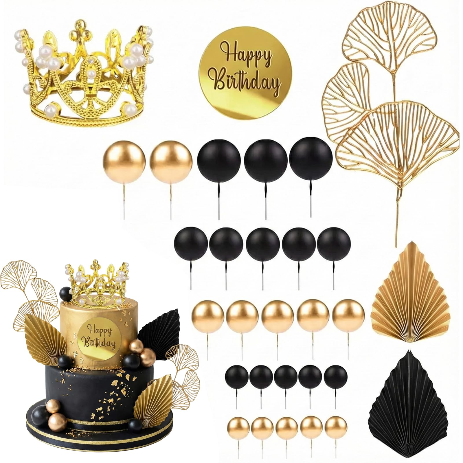 32Pcs Cake Balls Decoration, Black and Gold Cake Balls Cake Toppers wuth Golden Crown, Paper Palm Leaves Fan Cake Toppers for Birthday Boho Wedding Party Anniversary Supplies (gold black)