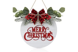 CHDITB Cute Merry Christmas Wooden Front Door Wreath(11.4”x11.4”), Farmhouse 3D Christmas Decor Hanging Sign with Red Plaid Bow Berries Mistletoe, Housewarming Gift for Xmas Winter Holiday New Year