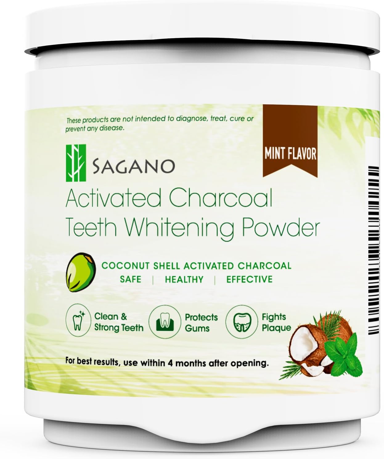 Sagano Teeth Whitening Activated Charcoal Powder by 100% Natural Teeth Whitener from Coconut Shell and Mint Flavor Food Grade Formula - for Sensitive Tooth and Healthy Whitener (4-8 Supply)