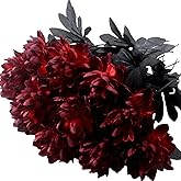 Artificial Dahlia Flowers, 12 Pack Burgundy Gothic Dead Flowers with Long Stems, Dark Red Silk Flower for Halloween Wedding Decor, Spooky Centerpieces, Halloween Floral Arrangements (12, Burgundy)