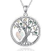 E Tree of Life Necklace 925 Sterling Silver Created Opal Pendant Necklace, Anniversary Birthday Christmas Jewelry Gifts for Mom Wife Women Her